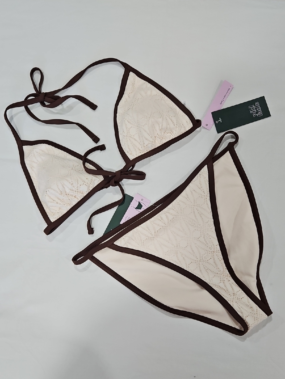 wild fable Cream Crochet Triangle Bikini with Brown Trim Accents